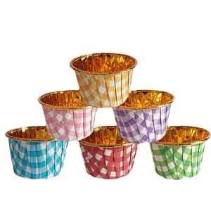 Colorful checkered muffin liners with gold metallic foil interior in a six-color set