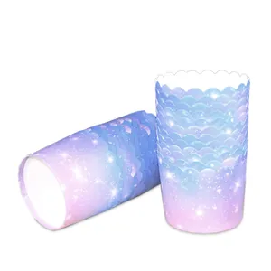 Starry gradient greaseproof muffin liners with purple fish scale pattern for baking