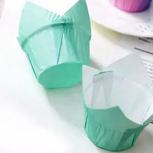 Mint green tulip cupcake liners set made of greaseproof paper for muffin baking