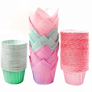 Close-up of pastel tulip and wavy edge paper muffin cups for oven baking