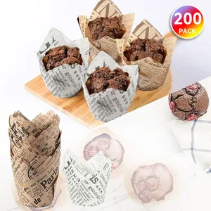 Paquete de 200 moldes de tulipán para muffins de papel de periódico blanco y kraft antigrasa