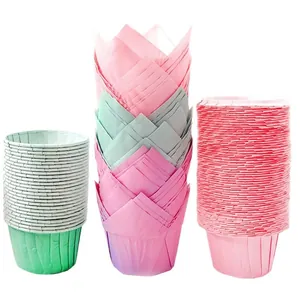 Three-pack of greaseproof tulip and flat muffin cups in pink and light green