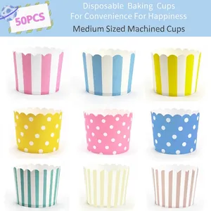 Detailed view of 50pcs medium paper baking cups with various colorful stripes and polka dots