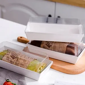 Detail of rectangular sandwich cake box with white paper tray and high transparent lid