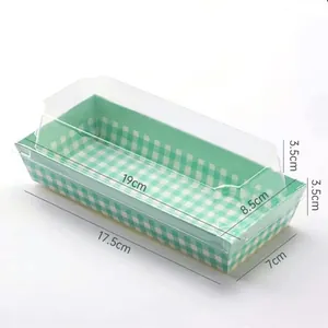 Detail view of rectangular sandwich cake box with green check base and clear plastic lid