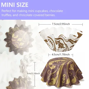 Floral mini cupcake liners in brown and white with vintage leaf patterns, 7.5cm size