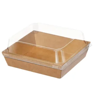 Quadratische braune Kraftpapier-Sandwichbox mit hochtransparentem Plastikdeckel für Gebäck