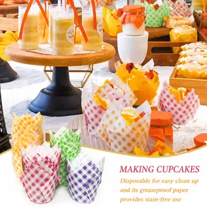 Θήκες για Cupcakes Τουλίπα Gingham Λαδόκολλα Χαρτί Ψησίματος Ανθεκτικό στη Θερμότητα Καρό Περιτύλιγμα Κέικ για Γάμο Πάρτι Διακόσμηση Επιδορπίων