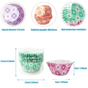 Floral and checkered pattern cupcake liners 100pcs set with detailed size dimensions