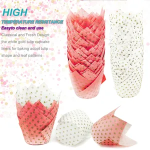 Pink and white tulip cupcake liners with gold dots for high-temperature baking