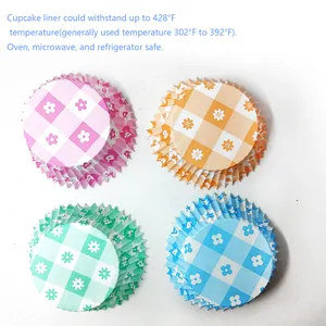 Floral gingham cupcake liners in four colors with heat resistance up to 428°F