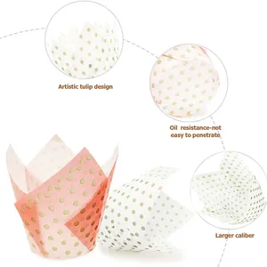 Pink and white tulip baking cups with gold polka dots for muffins and cupcakes