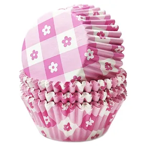 Pink checkered cupcake liners with floral pattern and scalloped edges in bulk pack