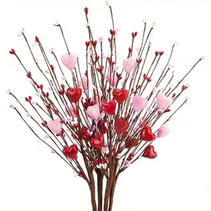 Valentine's Day Artificial Heart Berry Stems Romantic Pink Red Heart Picks For Home Vase Table Decor Wedding Party Supplies