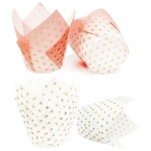 Pink and white tulip cupcake liners with gold foil dots for professional baking