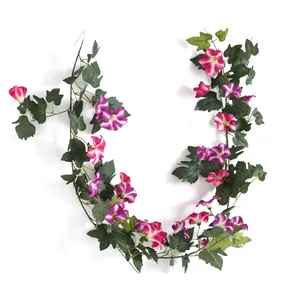 Détail de vignes de gloire du matin roses avec pétales en soie et feuilles vertes