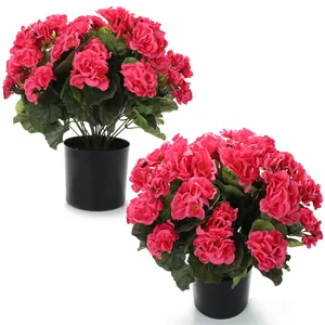Geranios artificiales en macetas negras, set de 2 con flores de seda rosa vibrante