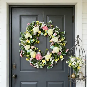 50cm Easter wreath with daisies, eggs, and eucalyptus leaves on a dark wooden door
