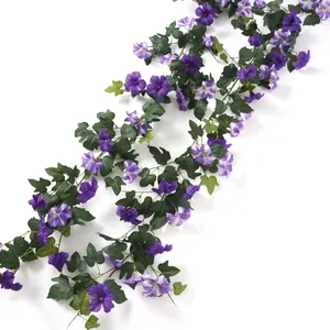 Liane de gloire du matin artificielle 1,75m avec fleurs de soie violettes et feuillage vert