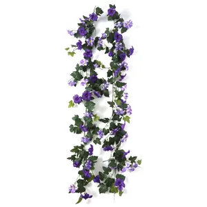 Liane de gloire du matin violette artificielle 1,75m avec fleurs en soie et feuilles vertes