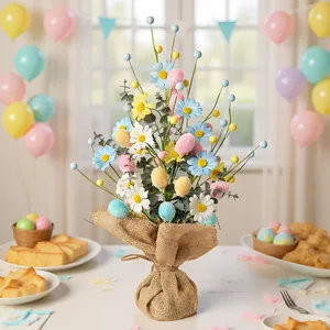 Artificial Easter Egg Tree Decoration Daisy Eucalyptus Leaves Burlap Base Desktop Home Festive Ornament For Spring Easter
