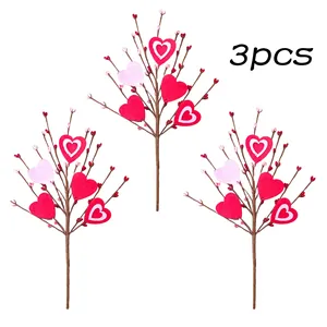 Set of 3 Valentine felt heart picks with red berries for home decor arrangements
