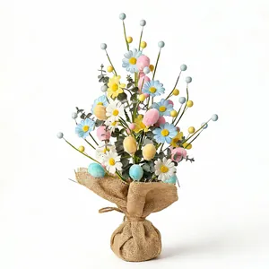 45cm Easter egg tabletop tree with daisies and velvet eggs in a rustic burlap base