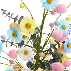 45cm Easter egg tree centerpiece with colorful daisies, plush eggs and eucalyptus leaves