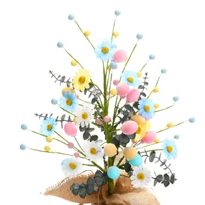 45cm Easter egg tree ornament with colorful fabric daisies and macarons plush balls
