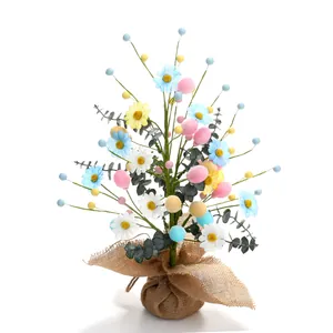 45cm Easter egg tree with colorful daisies and plush eggs in a rustic jute base