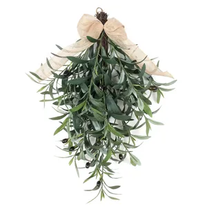 Artificial Olive Leaf Swag Teardrop Wreath With Burlap Bow Faux Greenery Olive Branch Wall Hanging Decor For Front Door Farmhouse Home