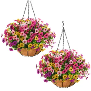Kunstmatige Hangende Bloemenmand Met Kokosvezel Voering Metalen Frame Veelkleurige Zijden Petunia Bloemen Voor Tuin Terras Huis Decoratie