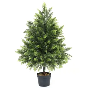 Artificial cedar bonsai tree in black pot for home decor with realistic green needles