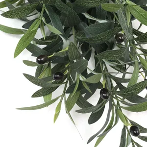 Artificial olive leaf teardrop wreath with green leaves and dark purple berries for home decor
