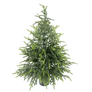 Detailed view of lifelike evergreen faux cypress in a sleek black pot on white background