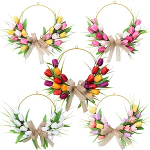 Guirnalda de Tulipanes Artificiales Con Lazo de Arpillera para Decoración de Puerta Primavera Pascua Guirnalda de Flores Aro de Metal Oro