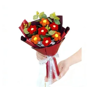 Handmade knitted sunflower and rose bouquet in red wrap with Just For You ribbon