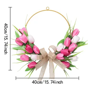 Dimensiones detalladas de la corona de tulipanes de 40 cm con flores y lazo de yute