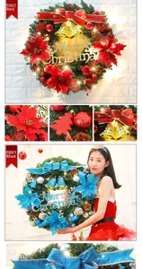 Close-up of Christmas wreath with red and lake blue ornaments, bells and Merry Christmas sign