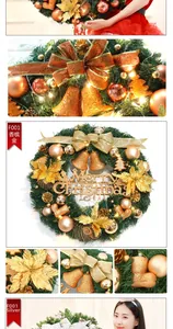 Close-up of a dense Christmas wreath with glitter bows, bells, and Merry Christmas sign