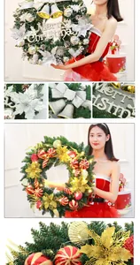 Detail of luxury Christmas wreath with LED lights, festive baubles and glitter flowers