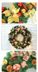 Detail of Christmas wreath with pine cones, golden flowers and warm LED lights