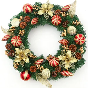 Large Christmas Wreath Painted Balls Pine Cones LED Lights Door Hanging Festive Ornament For Home Holiday Party Decor
