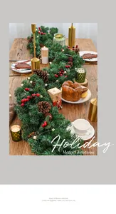 Macro detail of a 2.7m Christmas garland with pine cones and red berries on a festive table