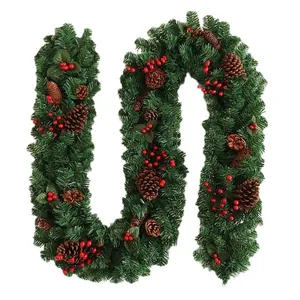 2.7m Christmas pine garland with dense green needles, pine cones, and red berries