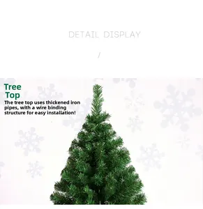 Détail du haut du sapin de Noël vert en PVC avec tube en fer renforcé et montage par fil lié