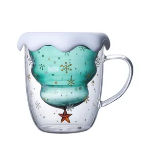 Christmas tree double wall insulated glass mug with snowflake patterns and white snow lid