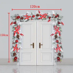 Detail of 120x150cm flocked Christmas wreath with red berries, pine cones and bows