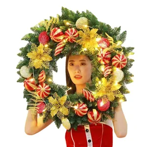 40cm Christmas wreath with red gold ornaments and warm LED lights on white background