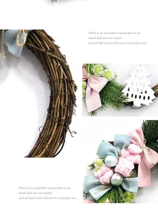 Detail view of handmade Christmas rattan wreath with macaron bows and festive ornaments